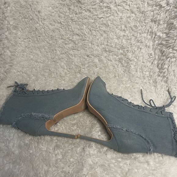 Bella Marie Frayed Denim Peep Toe Lace Up Stiletto Ankle Boots side zipper SZ10 - Picture 10 of 15